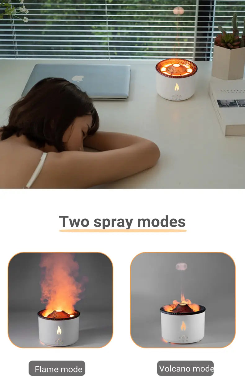 volcano flame diffuser jellyfish air humidifier with a white cylindrical body and orange glowing interior featuring flame and volcano spray modes.