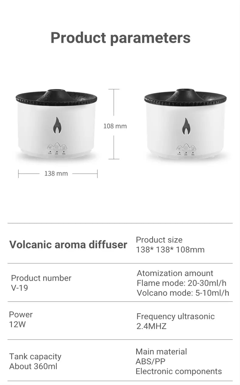 White cylindrical volcanic aroma diffuser with black lid and flame-shaped logo made of ABS and PP material for air humidifying and scent diffusion, Volcano Flame Diffuser Jellyfish Air Humidifier.
