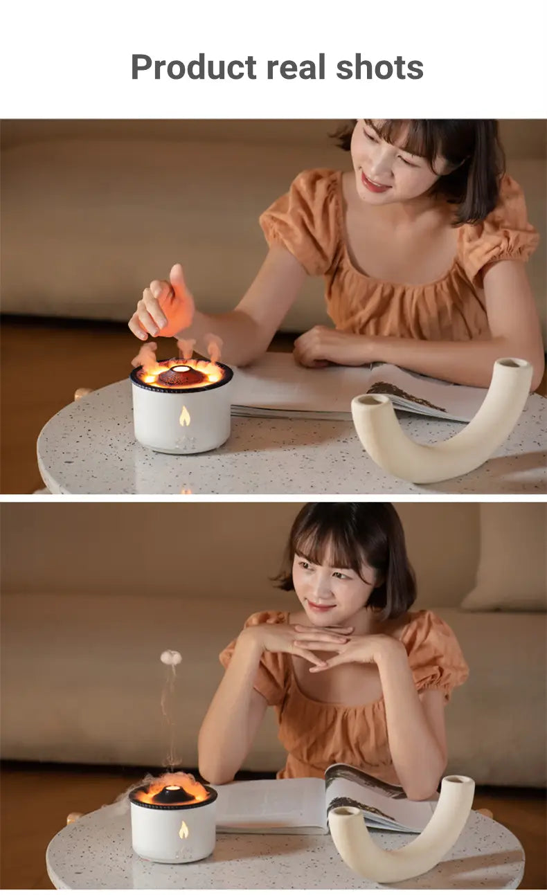 white cylindrical candle warmer with glowing flame effect and minimalist design in the volcano flame diffuser jellyfish air humidifier product