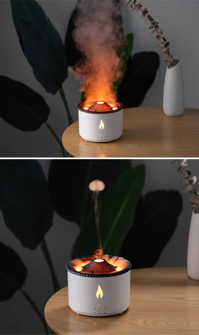 White cylindrical Volcano Flame Diffuser Jellyfish air humidifier with a glowing flame design and simulated smoke effect.