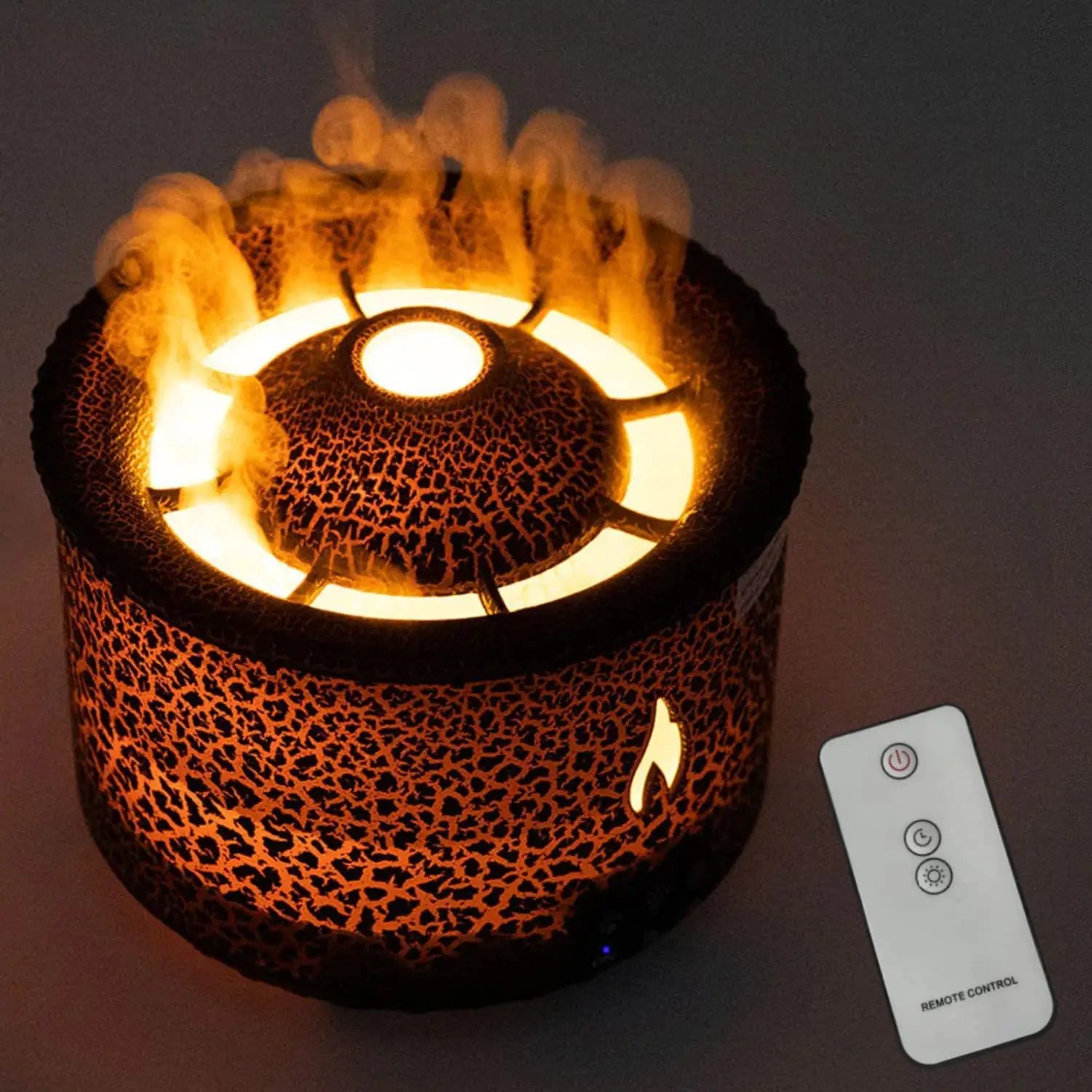 A glowing crackled brown ceramic volcano flame diffuser jellyfish air humidifier with a flame-like design and warm orange light emanating from the top.