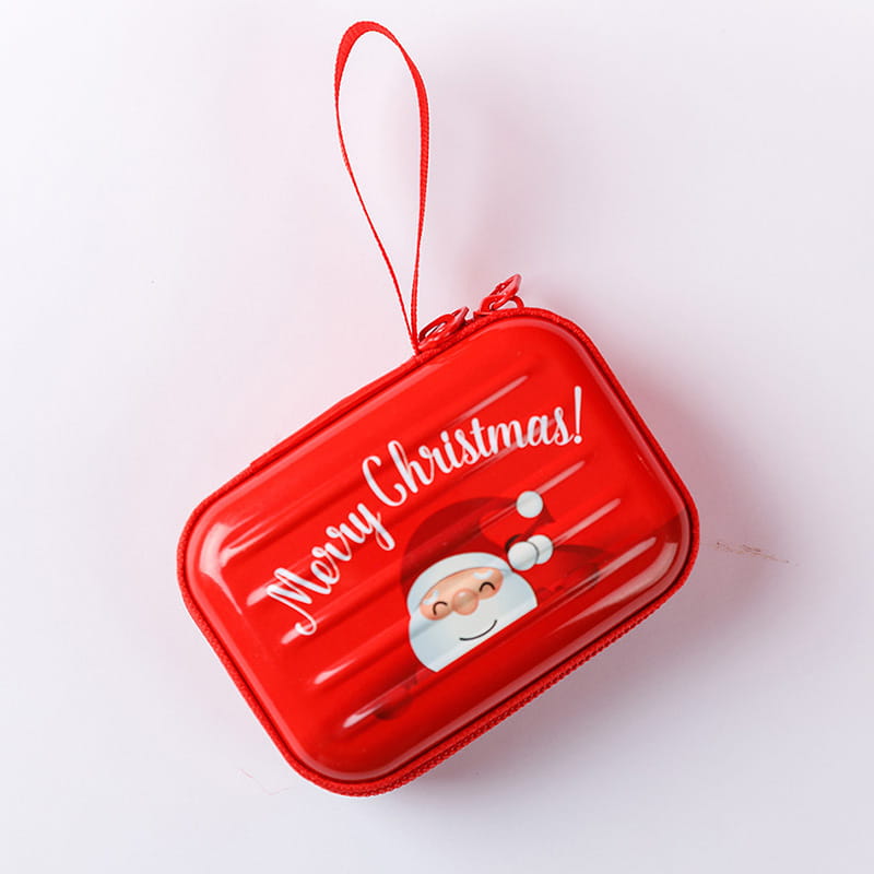 Red glossy tinplate Christmas-themed zipper coin purse featuring a smiling Santa face and merry Christmas text in white cursive script.