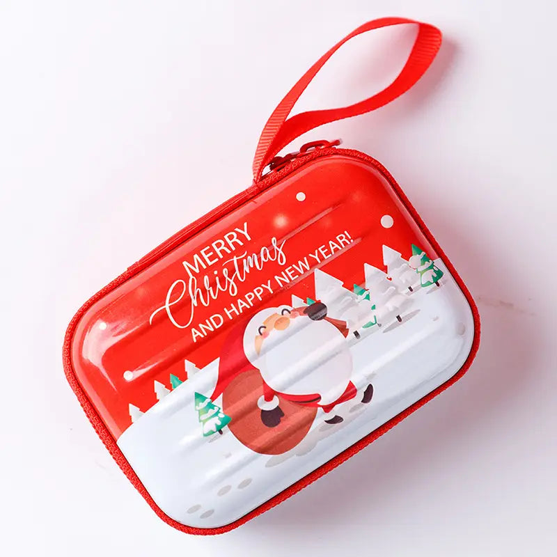 Festive christmas and galaxy tinplate zippered coin pouch in red and white featuring a cartoon santa claus design with merry christmas and happy new year text.