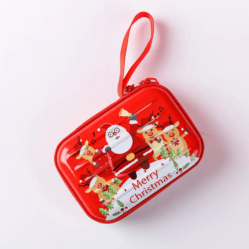 Red festive christmas-themed tinplate zipper pouch featuring a cartoon santa and reindeer design with merry christmas text for coin storage.