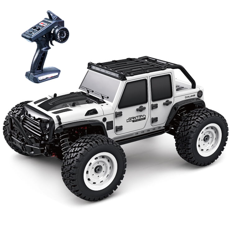 White and black remote control high speed 1:16 off-road jeep toy with rugged tires roof rack and gantry branding on the side.
