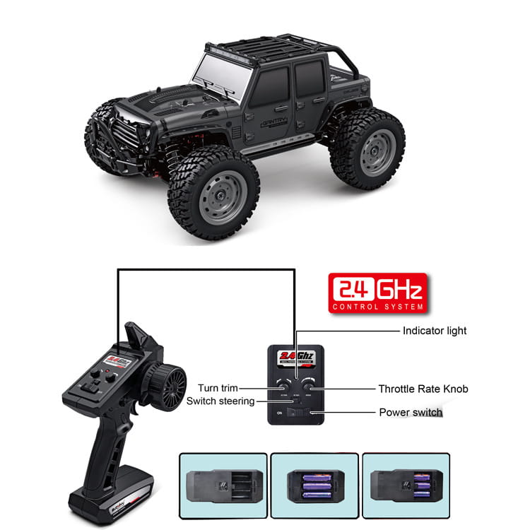 Black remote control high speed 1 16 off-road jeep toy with rugged tires and roof rack designed for off-road use.