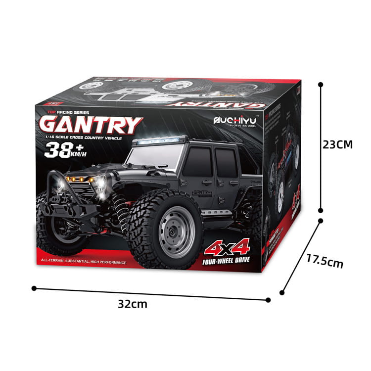 Black and red gantry 1 16 scale remote control high speed off-road jeep toy in a box featuring rugged tires and detailed suspension.