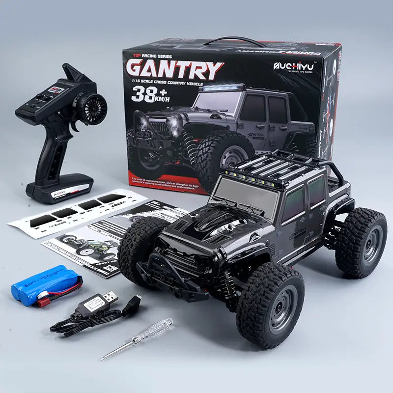 Black 1:16 scale remote control high speed off-road jeep toy by gantry Auchi Vu featuring rugged tires and a roof rack for durable terrain driving.