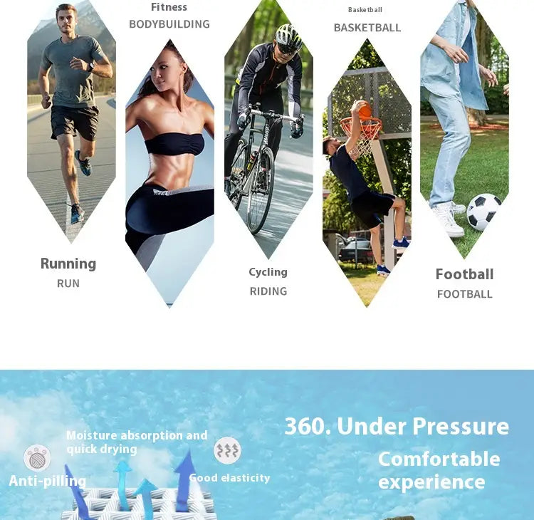 Le visuel promotionnel du lot de chaussettes de sport en coton épaissi à base éponge présente cinq panneaux en forme de losange affichant des activités de course, musculation, cyclisme, basket-ball et football.