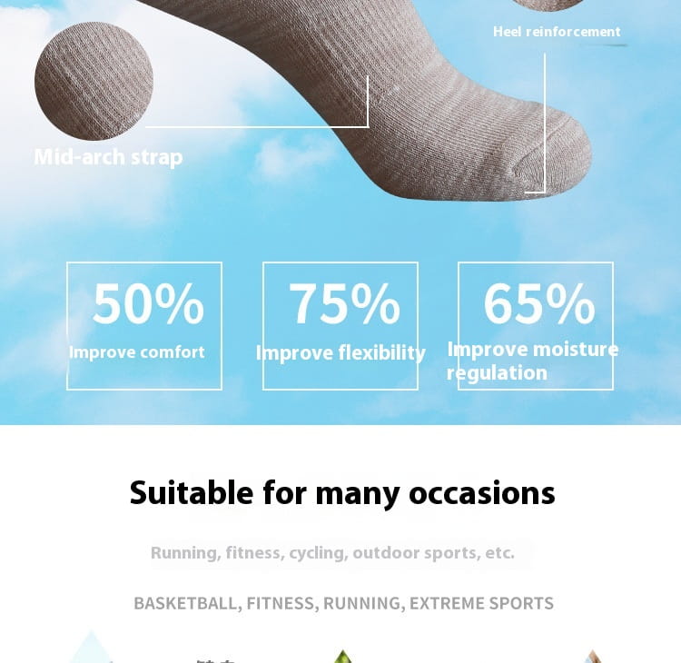 Chaussette grise en coton de sport tricoté, avec talon renforcé et maintien de la voûte plantaire au milieu, issue du lot de chaussettes à base éponge épaissie.