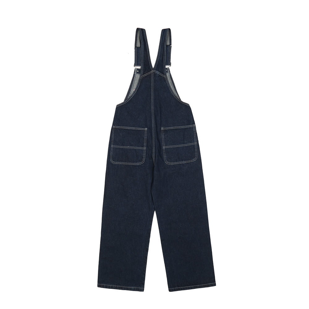 Herren bestickte dunkelblaue Jeanslatzhose mit kontrastierender weißer Ziersteppung und weiten Beinen.