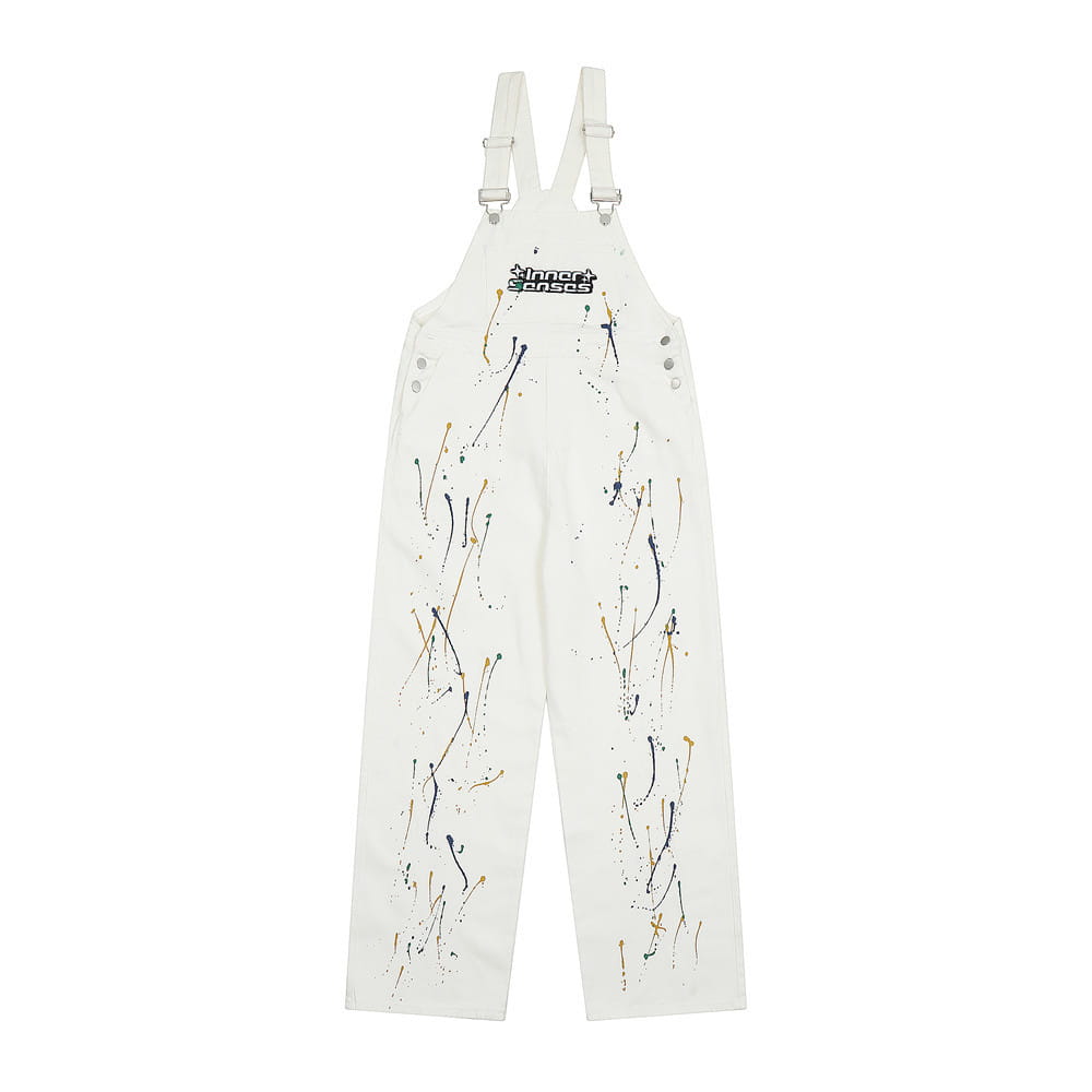 Weiße Canvas-Jeans-Latzhose mit Paint-Splatter-Logo aus der Kollektion, mit schwarzem und goldenem Design, verstellbaren Schulterträgern und markenbezogenem Brustlogo