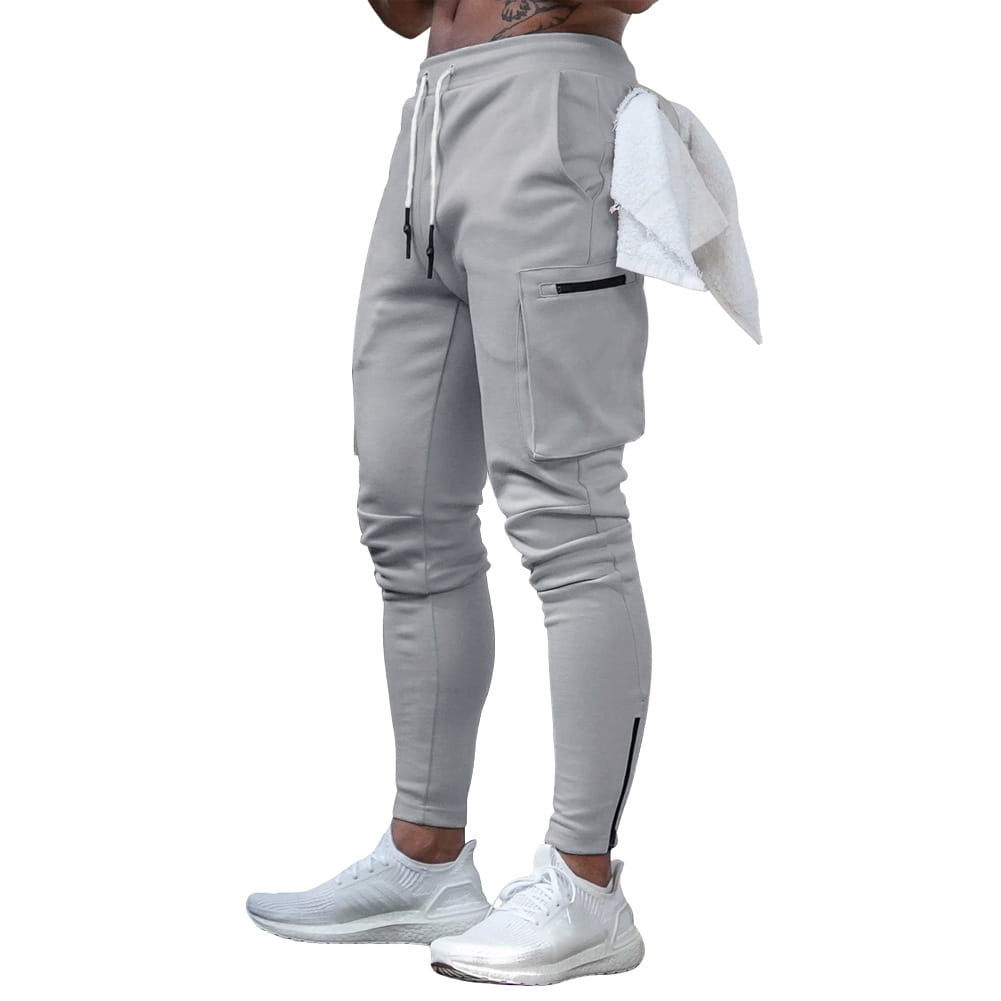 Men camouflage cargo joggers sports pants in gray with a slim fit, side pockets, and black zipper accents along the legs.