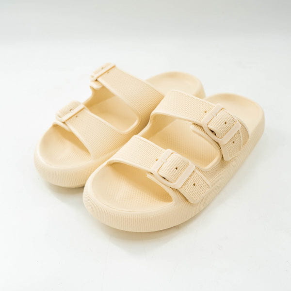 Black women’s dual-strap slide sandals with breathable textured fabric upper and thick sole eva rubber massage outsole