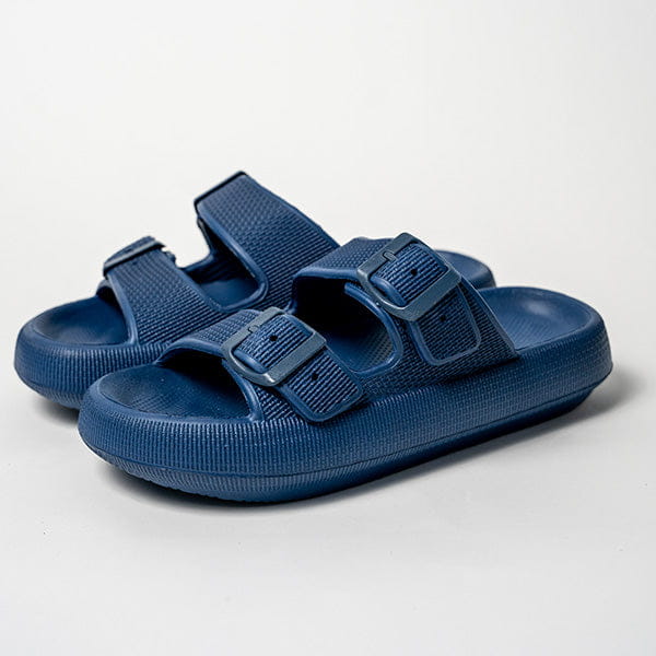 Black women’s dual-strap slide sandals with breathable textured fabric upper and thick sole eva rubber massage outsole