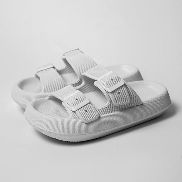 Black women’s dual-strap slide sandals with breathable textured fabric upper and thick sole eva rubber massage outsole