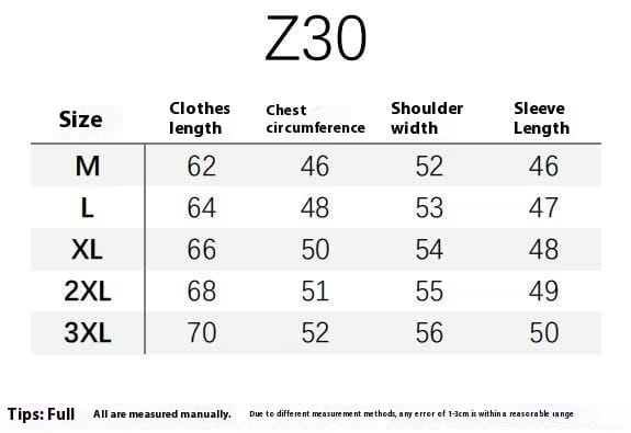 Z30 Größentabelle für Damen mit Messangaben für die Größen M bis 3XL für einen Herren-Slim-Fit-Strickcardigan mit Reißverschluss.