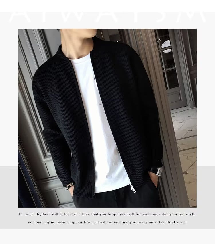 Herren-Slim-Fit schwarze gerippte Bomberjacke aus Strickstoff mit Reißverschlussverschluss.