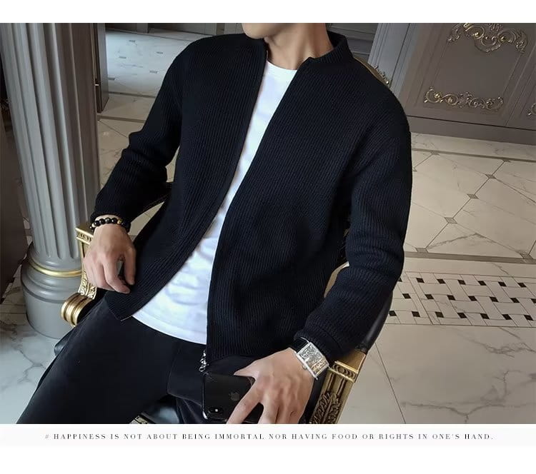 Schwarzer Herren-Slim-Fit-Cardigan mit Reißverschluss aus gerippter Strickware, gefertigt aus Strickstoff, geeignet für Freizeit- und formelle Anlässe.