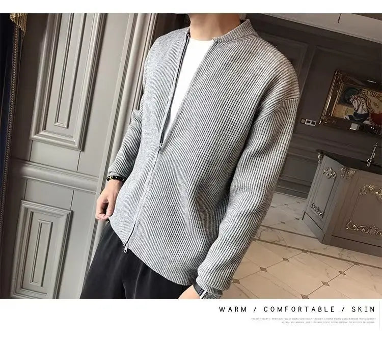 Herren-Slim-Fit-Strickcardigan mit Reißverschluss in grauer gerippter Strickware mit Stehkragen und langen Ärmeln