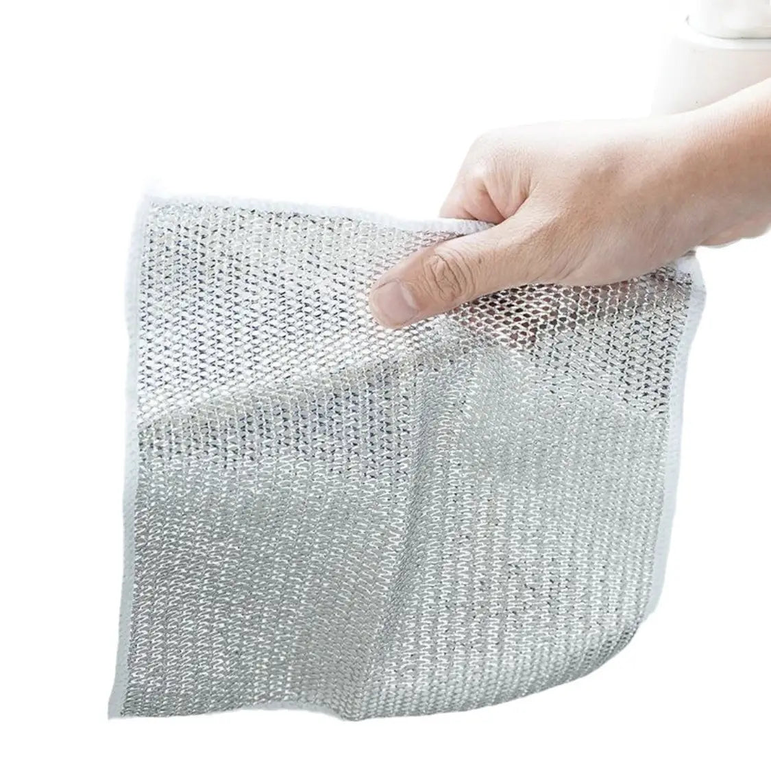 Silver steel wire dishcloth mesh kitchen scrubber with white border measuring 20x20cm.