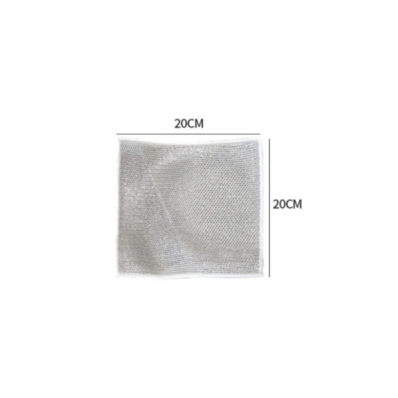a 20cm by 20cm silver metallic steel wire dishcloth mesh kitchen scrubber made of durable mesh fabric