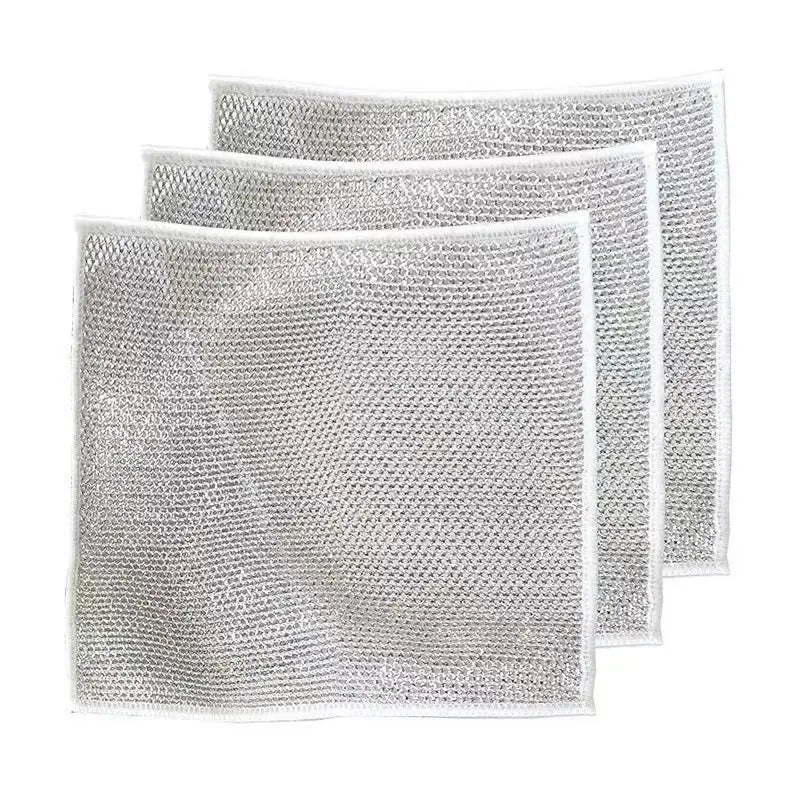 Set of three silver mesh steel wire dishcloth scrubbers with white borders for kitchen cleaning measuring 20x20cm.