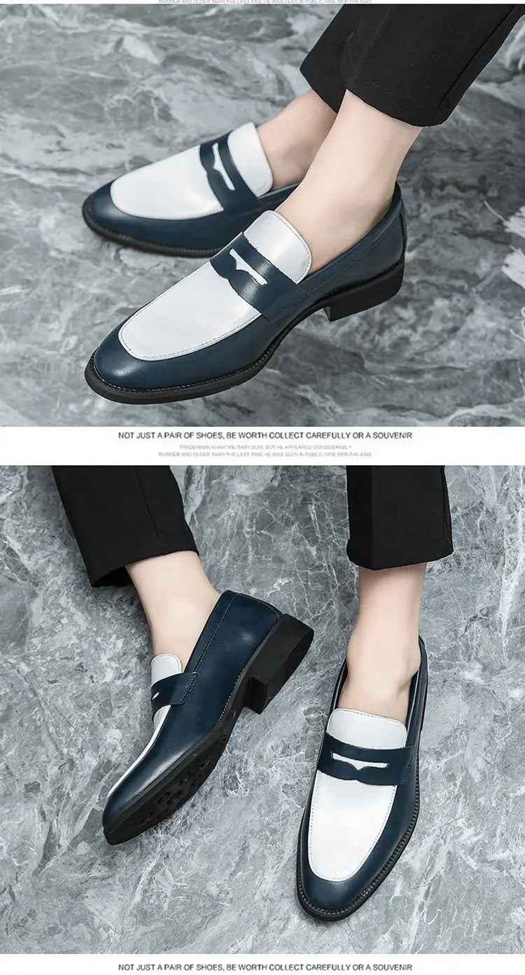 Les mocassins en cuir bicolores présentent un design classique bleu marine et blanc, avec un style décontracté à enfiler et un matériau en cuir.