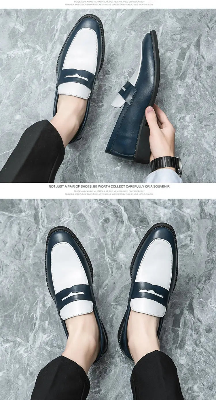 Mocassins en cuir bicolores noir et blanc avec un design décontracté à enfiler