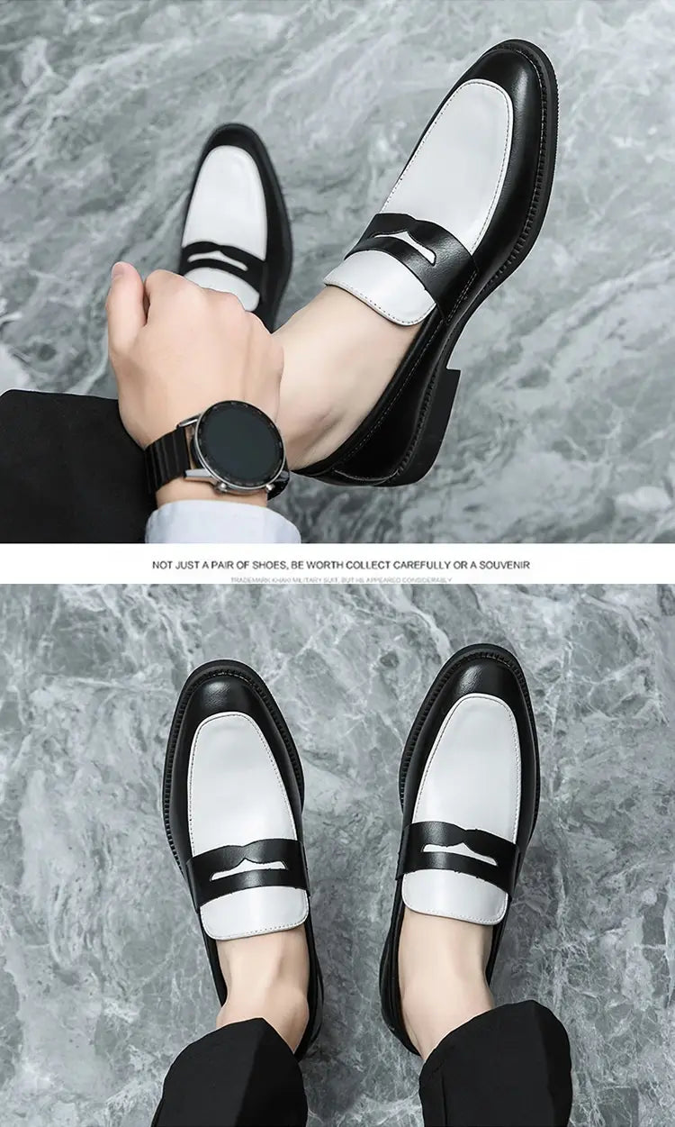 Mocassins en cuir bicolores noir et blanc au design épuré et minimaliste, idéals pour des chaussures décontractées à enfiler.