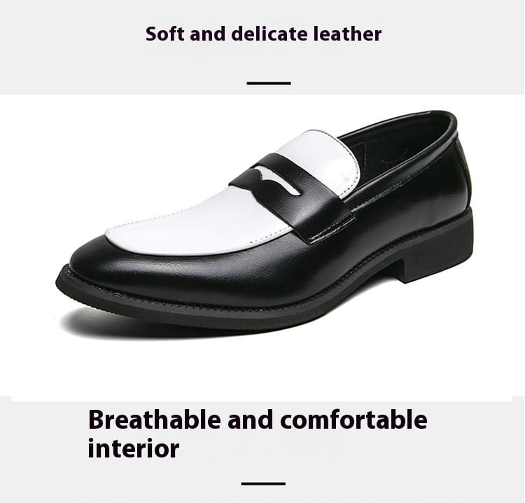 Mocassins en cuir bicolores noir et blanc avec une finition soignée et élégante, conçus comme des chaussures décontractées à enfiler.