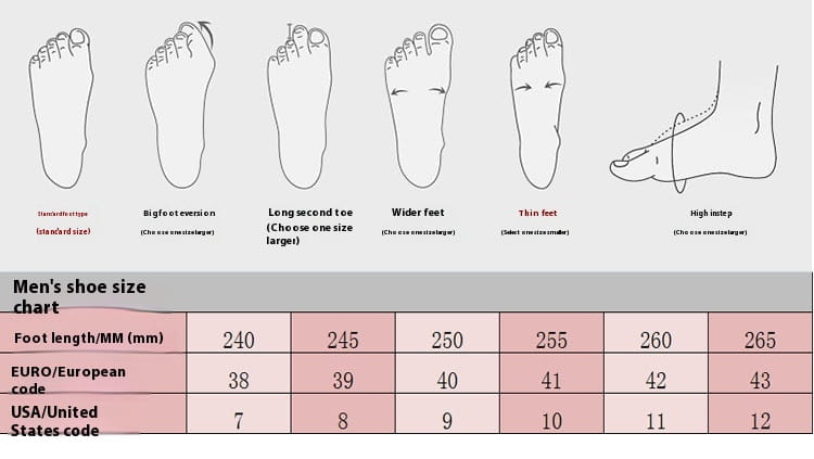 Tableau des tailles des mocassins en cuir bicolores pour homme, à enfiler, avec schémas de la forme du pied et mesures en millimètres, codes européens et américains.