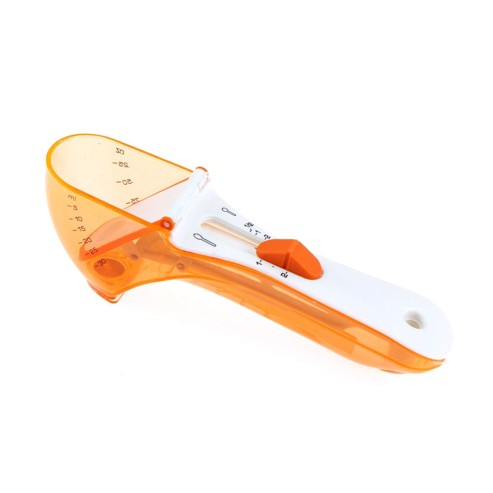 Adjustable measuring spoon set featuring an orange and white plastic spoon with clear measurement markings and a magnetic base.
