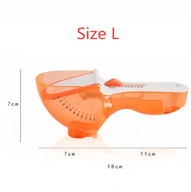Orange translucent plastic measuring bowl with white handle and measurement markings from the adjustable measuring spoon set with magnetic base.