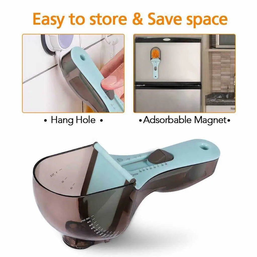 Light blue and dark brown plastic adjustable measuring spoon set with magnetic handle for easy storage.