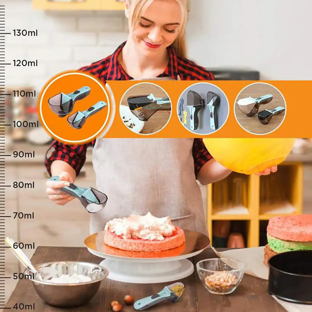 blue and black silicone adjustable measuring spoon with magnetic base and measurement markings for precise baking and cooking.