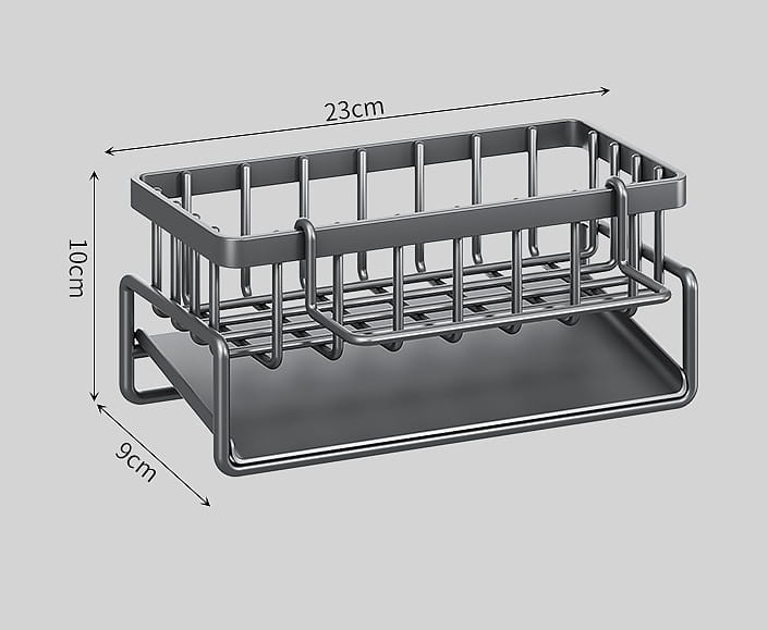 A sleek dark gray stainless steel kitchen sink storage rack with a rectangular grid design and an integrated lower shelf.