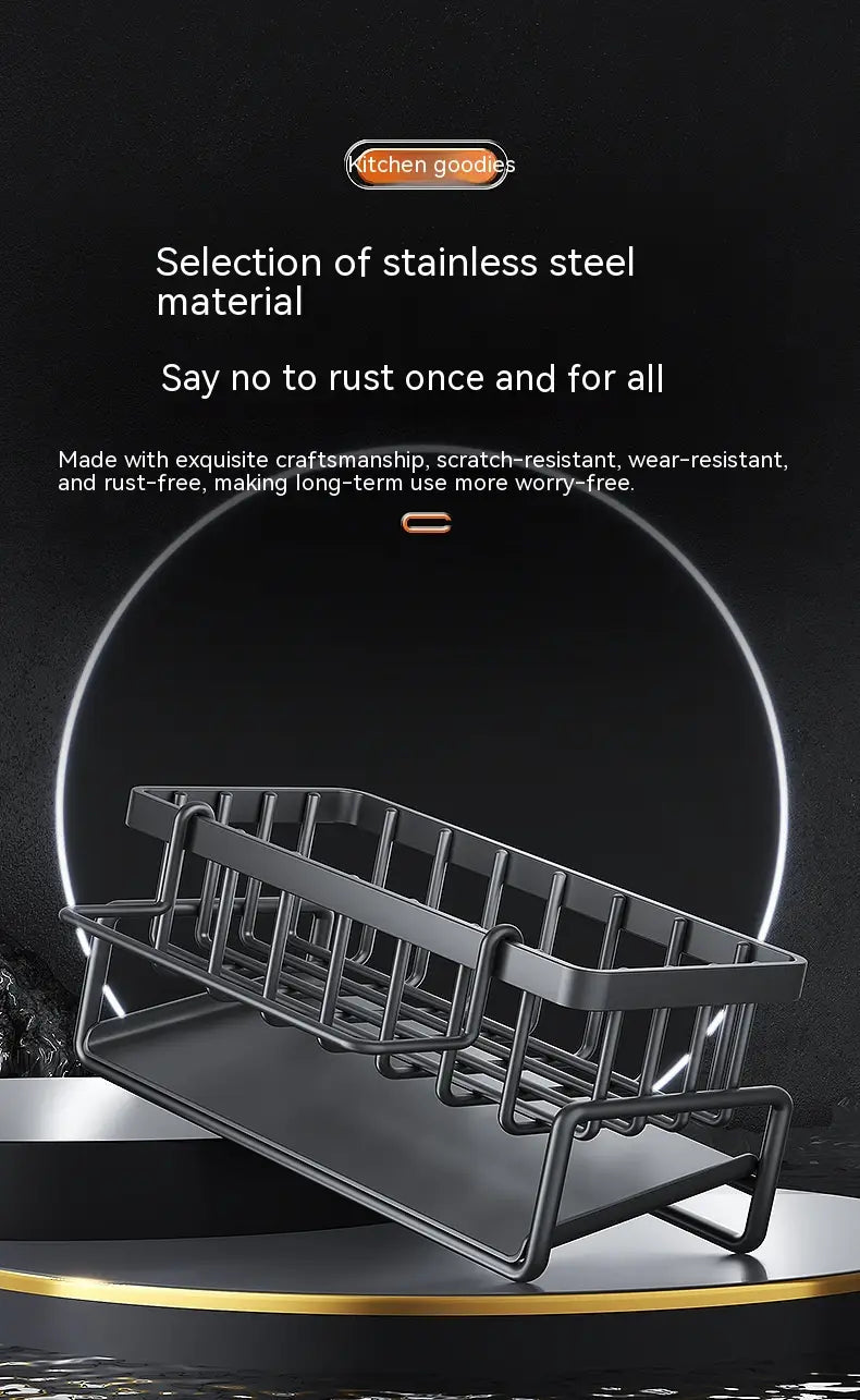 Black stainless steel kitchen sink storage rack with a modern wire mesh design for organized dish drying and kitchen organization.