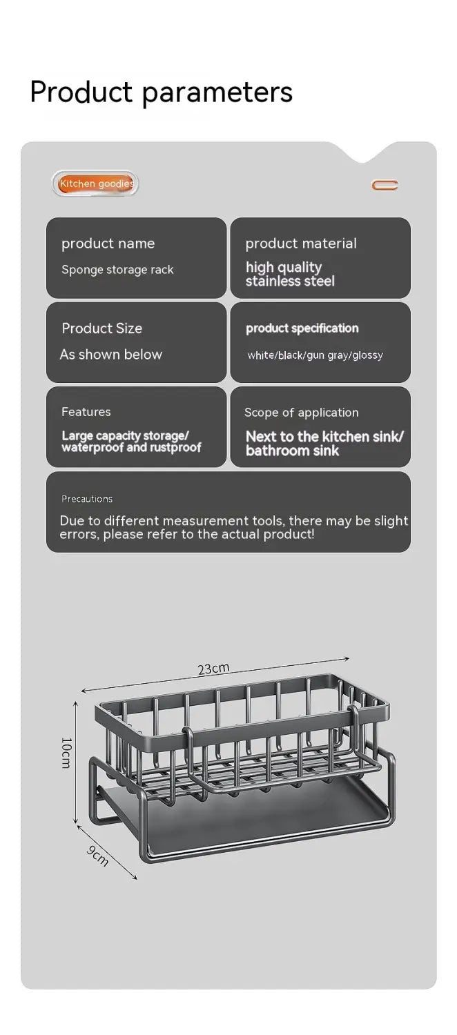 Glossy high-quality stainless steel kitchen sink storage rack with a modern wire mesh design for organizing sponges.