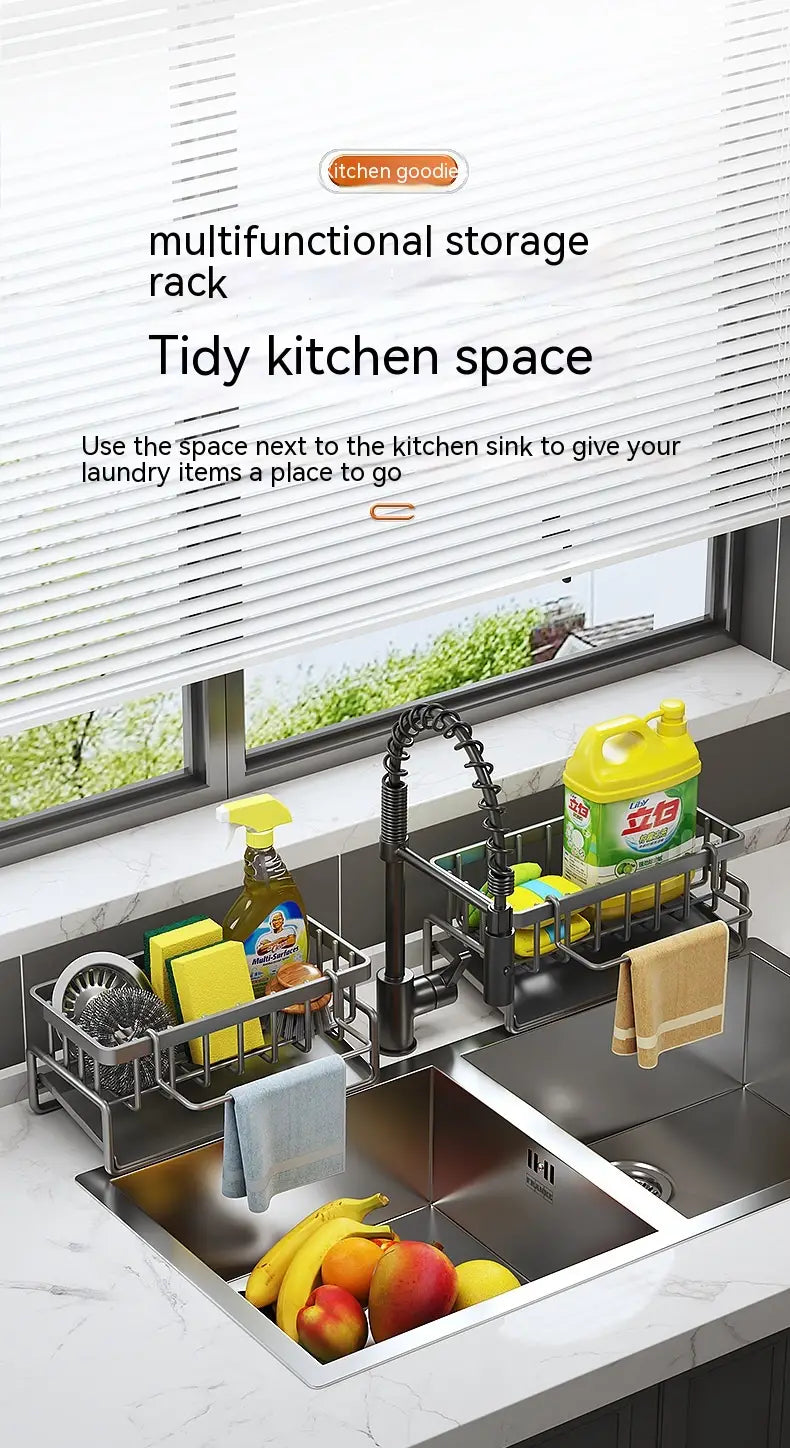 Stainless steel multifunctional kitchen sink storage rack with multiple compartments and a hanging towel loop for organizing kitchen essentials.