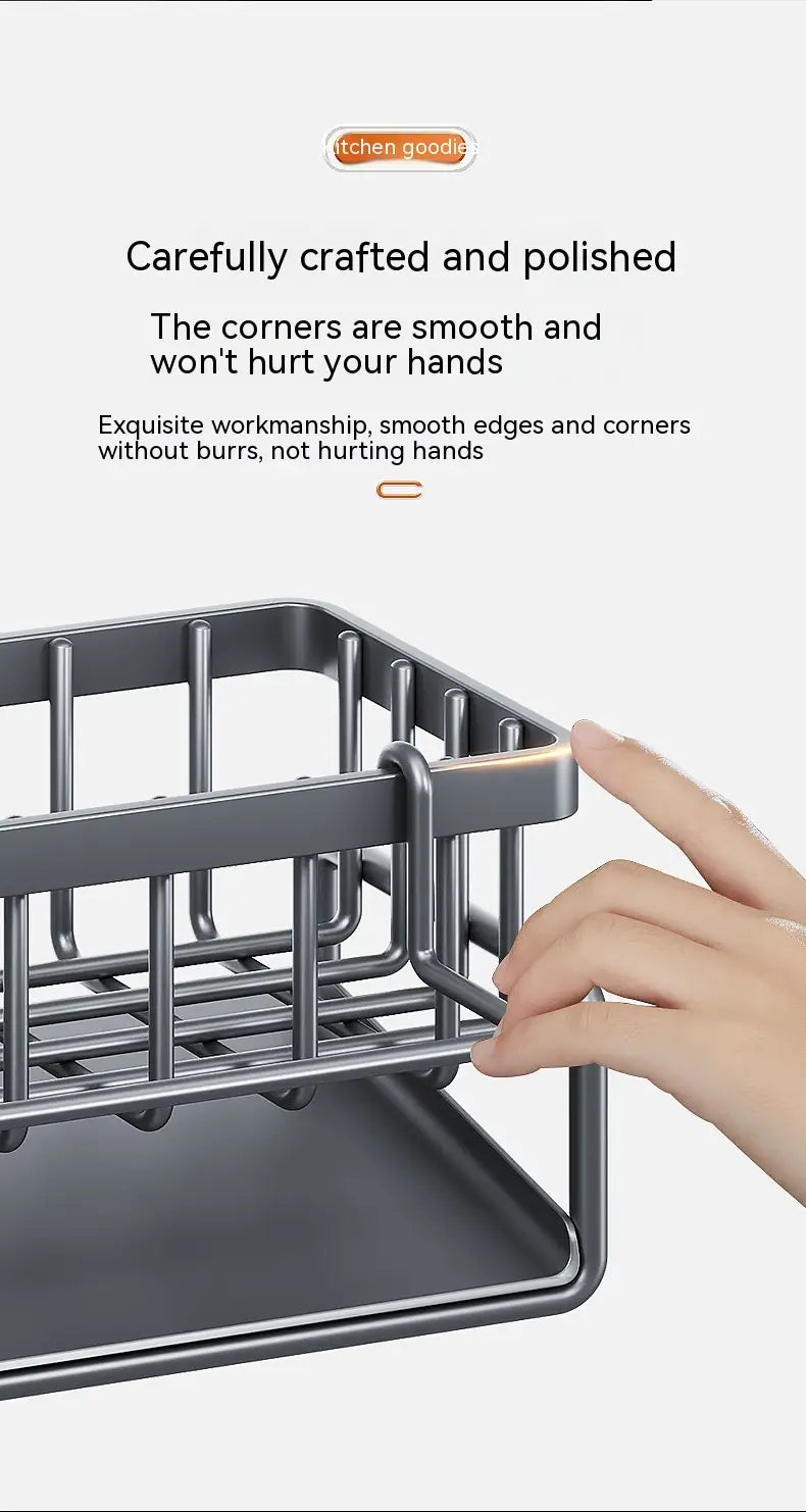 Silver metal kitchen sink storage rack stainless steel organizer with smooth rounded edges and a sleek modern design.