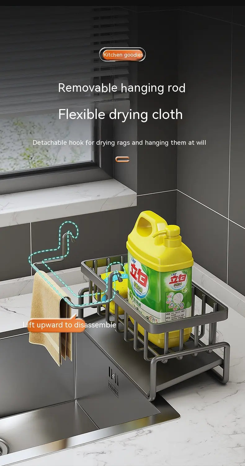 Stainless steel kitchen sink storage rack organizer with a detachable hook and flexible hanging cloth for efficient drying and storage.