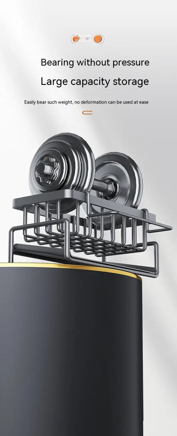 Black metal dumbbell rack with a wire mesh design holding two silver toned weight plates featured in a kitchen sink storage rack stainless steel organizer.