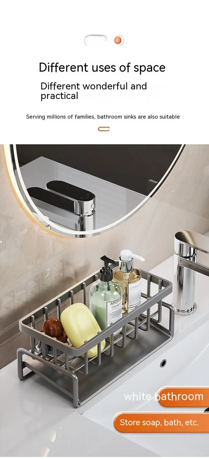 Silver metal kitchen sink storage rack stainless steel organizer with grid design holding soap and lotion bottles for bathroom use.