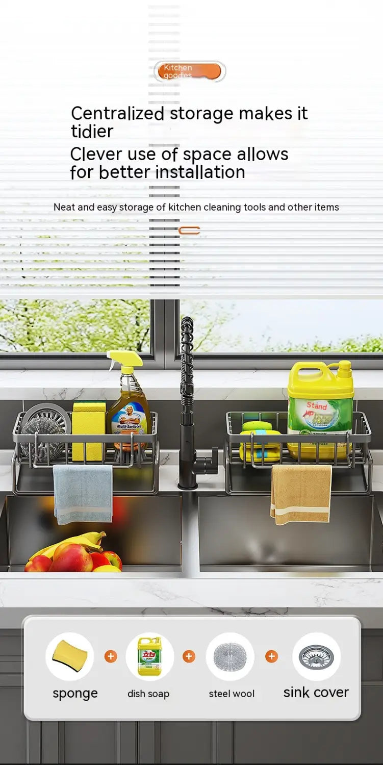 Silver metal kitchen sink organizer stainless steel with multiple compartments for storing sponges dish soap steel wool and a sink cover