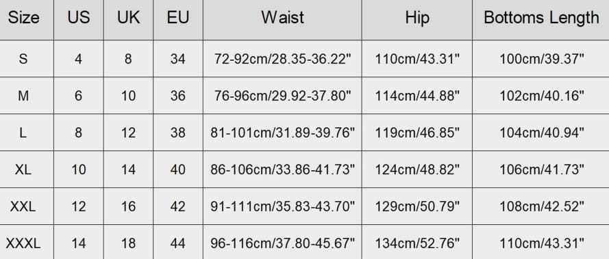 guide des tailles pour les pantalons cargo à séchage rapide pour hommes à jambe ample, avec cordon de serrage, indiquant les tailles US, UK et UE, ainsi que les mesures de tour de taille, de tour de hanches et de longueur de bas