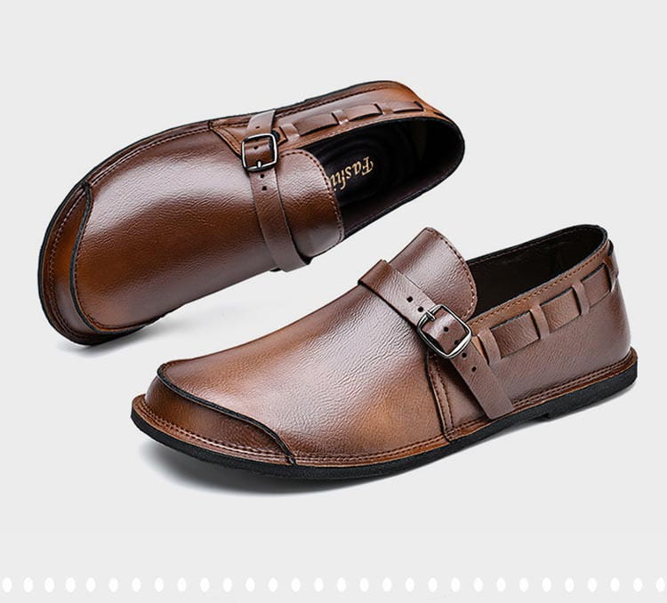 Mocassins marron à enfiler pour hommes, chaussures décontractées, avec sangle à boucle et finitions cousues