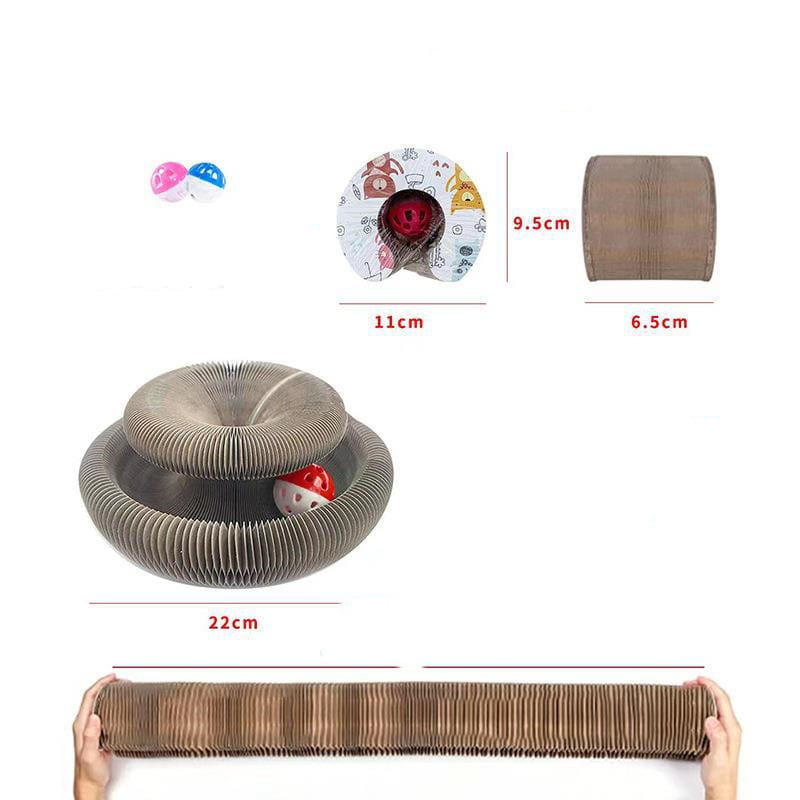 Juguete rascador para gatos de cartón corrugado marrón con diseño en espiral e incluye juguetes de pelota con campana para el juego interactivo
