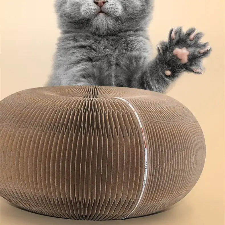 Un gatito atigrado gris descansando sobre un juguete tipo órgano de tablero rascador para gatos de cartón corrugado marrón, con una pelota con campana y un detalle sutil de franja blanca.
