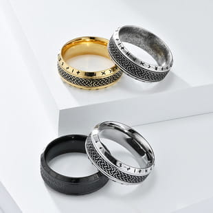 three vintage caesar portrait stainless steel signet rings with intricate celtic knot designs available in gold silver and black finishes
